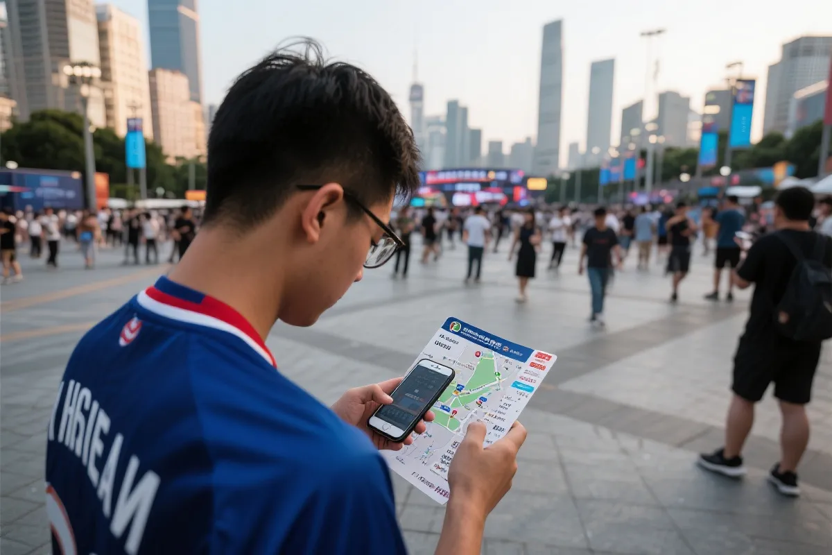 球迷在赛前广场查看手机地图与票务信息，准备进入球场的实用场景