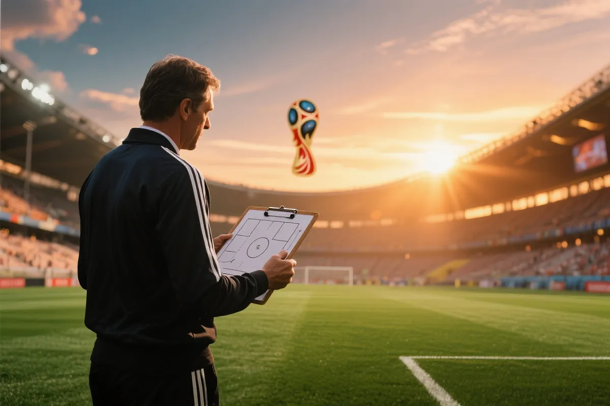 绿茵场边教练战术板与模糊的世界杯体育场背景